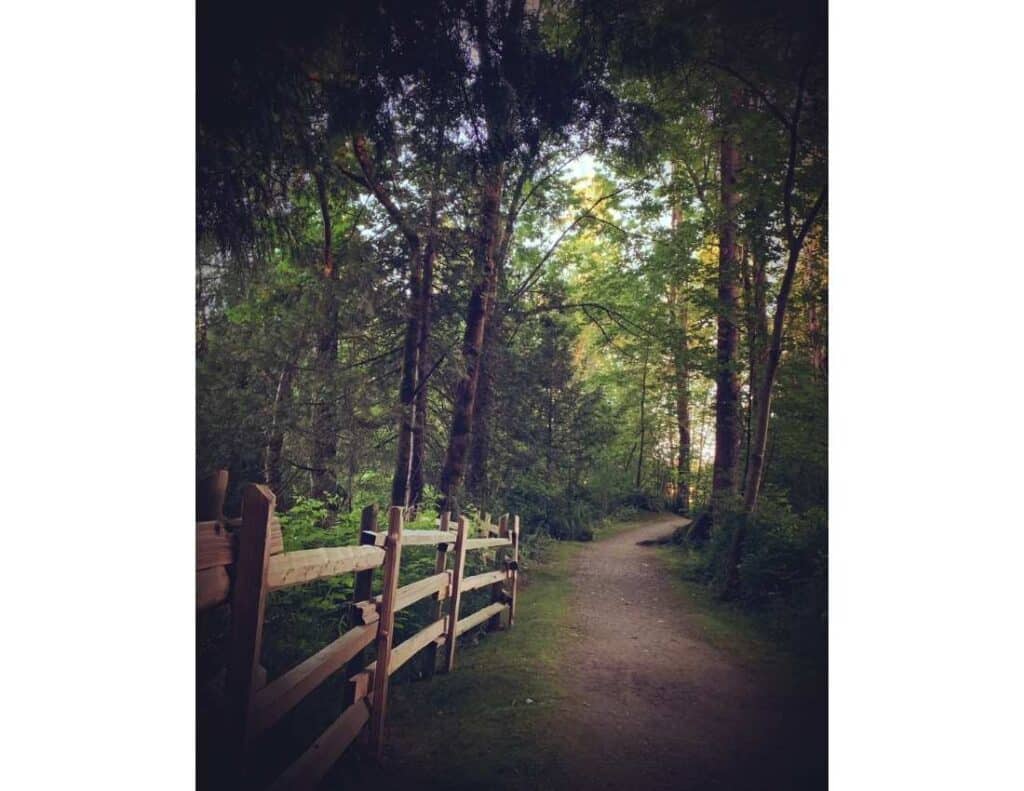 A Kanaka Creek Trail is shown with gravel, a wooden fence and trees