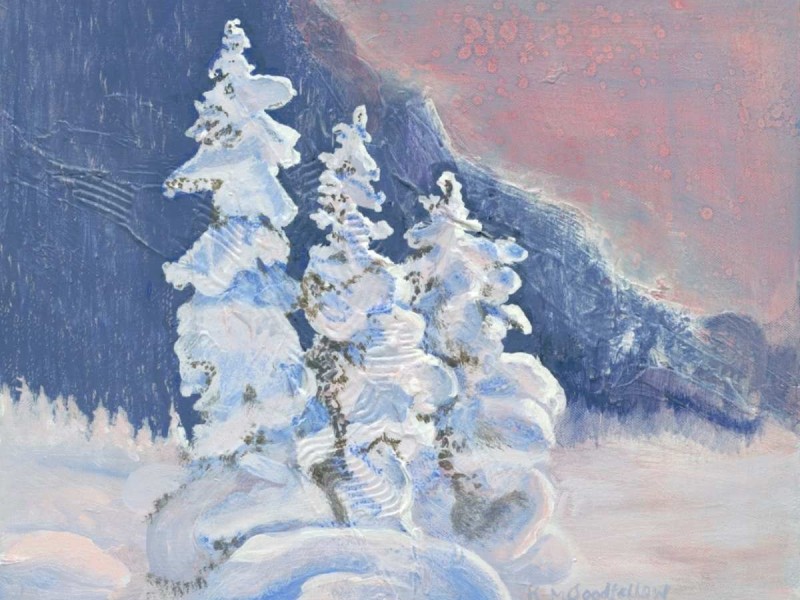 A painting shows trees covered with snow