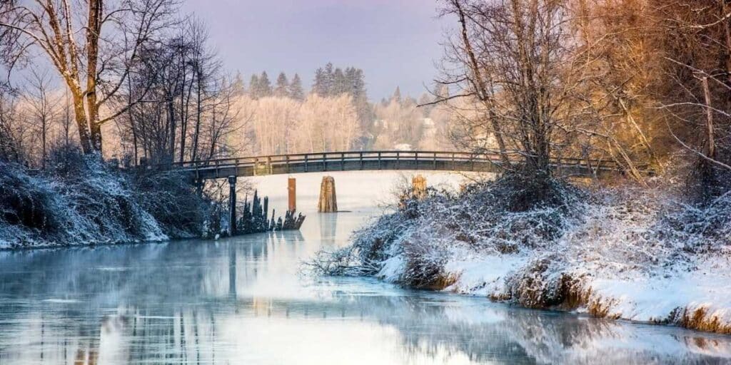View of the Kanaka Creek rainbow bridge in winter 
